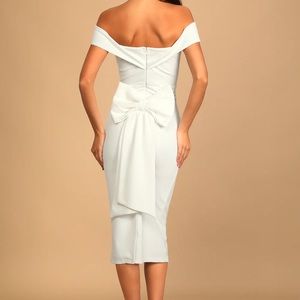 Cordially Invited White Off-the-Shoulder Bow Back Midi Dress